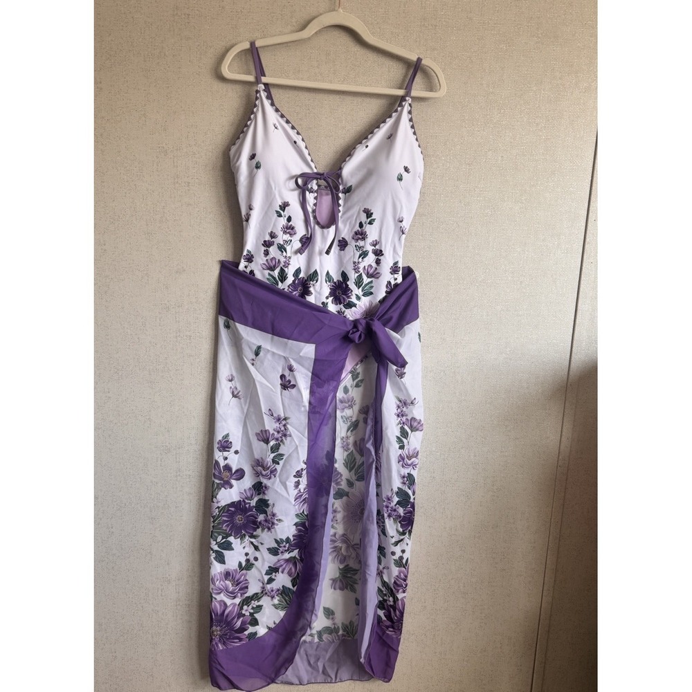 Printed Purple Floral Spaghetti Strap One-Piece Swimwear and Cover Up Swim Set